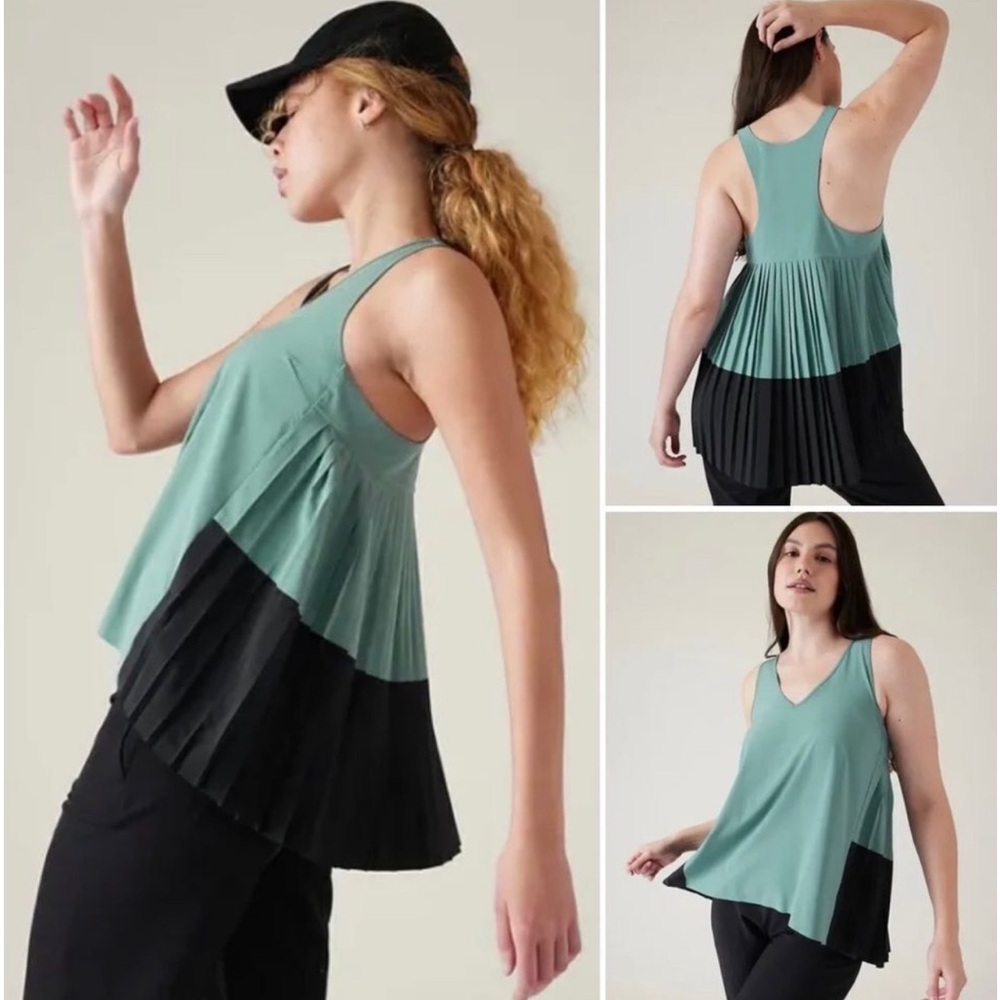 * New Athleta Swing Forward Pleated Tank Green Black Colorblock SZ Medium *